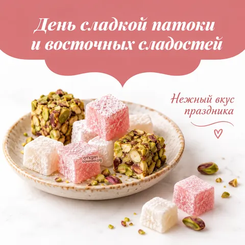 Открытка «День сладкой патоки и восточных сладостей, нежный вкус праздника, рахат лукум с фисташками на мраморе»