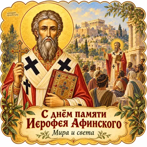 Открытка «День памяти Иерофея Афинского, мира и света, проповедь в Афинах» — День памяти священномученика Иерофея Афинского