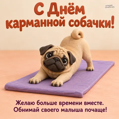 Открытка «Карманный мопс на лавандовом коврике 9» — День карманной собачки
