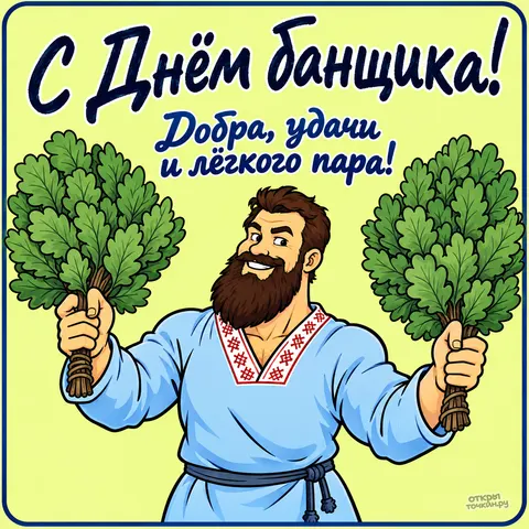 Открытка «С Днём банщика с мастером в голубой рубахе и зелёными вениками»