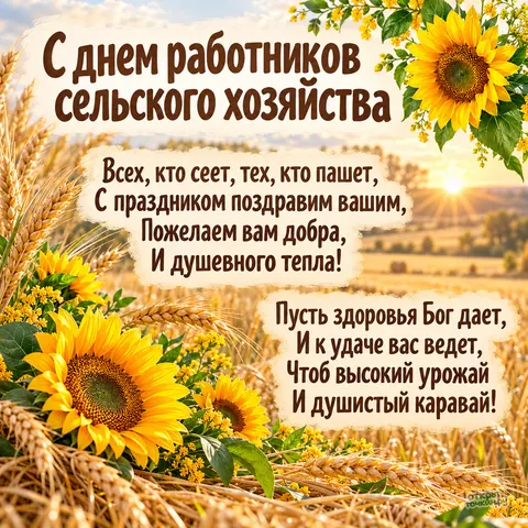 Открытка «День сельского хозяйства, колосья подсолнухи и поздравление в стихах» — День работника сельского хозяйства и перерабатывающей промышленности