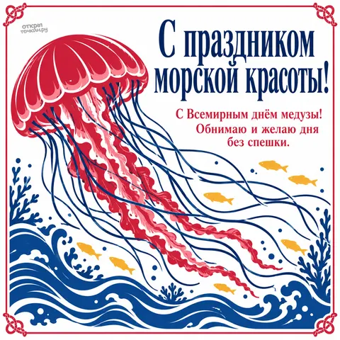 Открытка «Всемирный день медузы, красная медуза и жёлтые рыбки в графике морская красота»