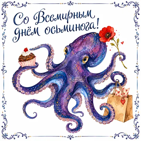 Открытка «Всемирный день осьминога, фиолетовый осьминог с маком и подарками»