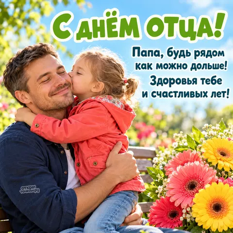 Открытка «С днём отца, дочка целует папу и букет гербер»