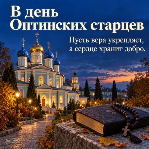 Открытка «Собор Оптинских старцев, вечерний храм осенью, евангелие и четки» — Собор преподобных Оптинских старцев