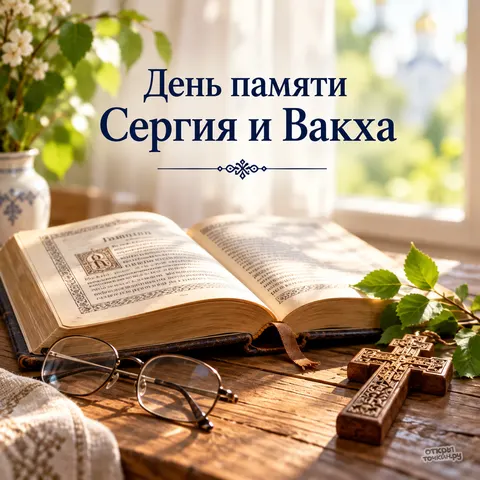 Открытка «День памяти Сергия и Вакха, открытая книга и крест у окна» — День памяти святых мучеников Сергия и Вакха