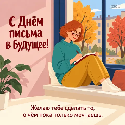Открытка «День написания письма в будущее, девушка пишет в блокнот на подоконнике»
