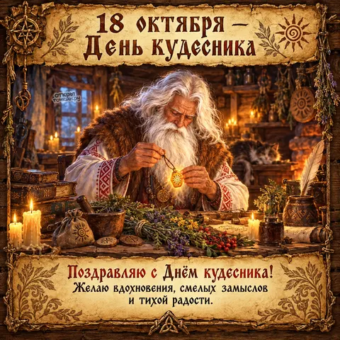 Открытка «День кудесника, вдохновения и тихой радости, мудрец с солнечным амулетом в мастерской, 18 октября»