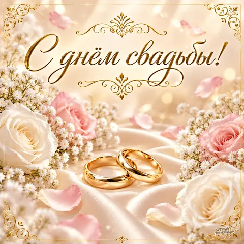 Открытка «С днём свадьбы, золотые кольца на атласе с белыми розами»