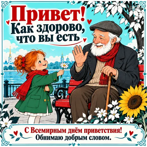 Открытка «Всемирный день приветствия, девочка дарит ромашку дедушке на скамейке»