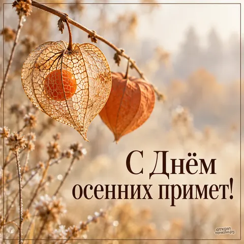 Открытка «День осенних примет, ажурный физалис на ветке в инее»