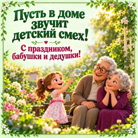 Открытка «День бабушек и дедушек, мыльные пузыри в саду, внучка бабушка и дедушка на скамейке»