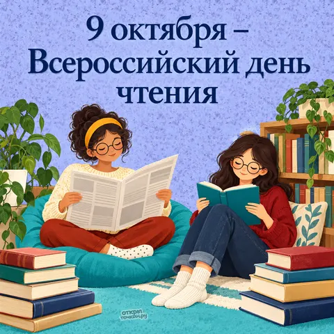 Открытка «Всероссийский день чтения, две читательницы на лавандовом фоне»