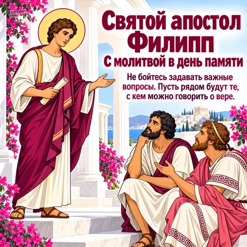 Открытка «День памяти апостола Филиппа, апостол Филипп беседует с двумя мужчинами у колонн»