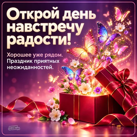 Открытка «Праздник приятных неожиданностей, открытая красная коробка бабочки и цветы на фиолетовом фоне»