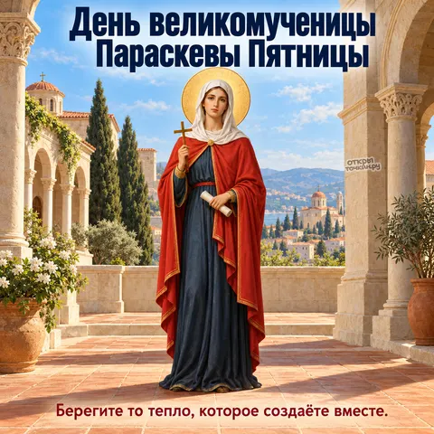 Открытка «День памяти великомученицы Параскевы наречённой Пятница, Параскева на террасе у моря и города»