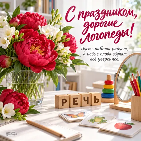 Открытка «Международный день логопеда, букет пионов и кубики речь на столе логопеда»
