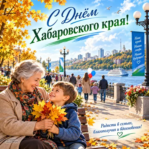 Открытка «День Хабаровского края, бабушка с внуком и осенние листья на набережной»