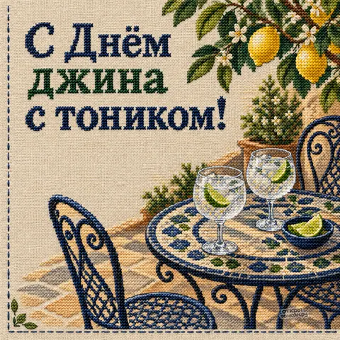 Открытка «Международный день джина с тоником, вышивка крестиком на террасе с лимонным деревом»