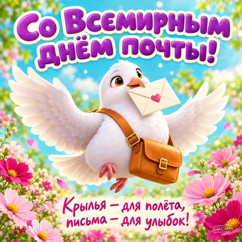 Открытка «Со Всемирным днём почты, милый голубь с сумкой и цветами»