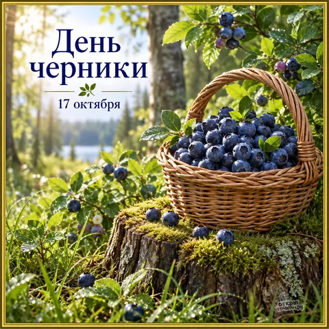 Открытка «День чёрники, корзина на пне в лесу, 17 октября»