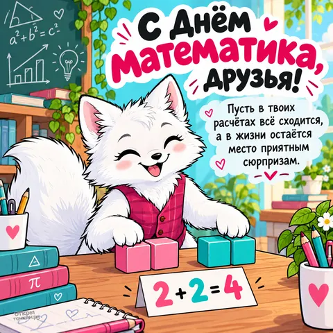 Открытка «День математика, Лиса за партой»