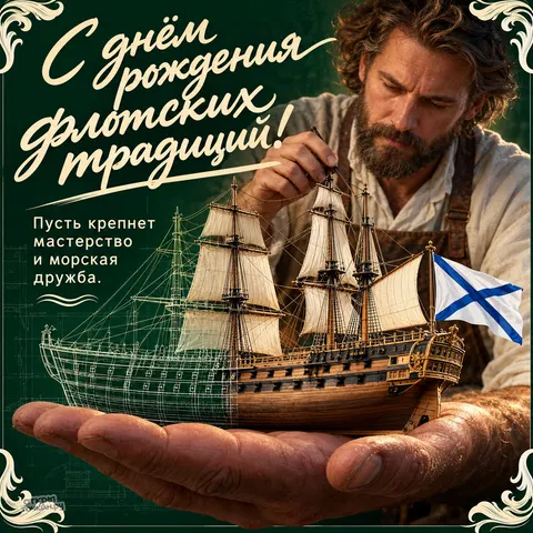 Открытка «День рождения ВМФ, мастер с моделью парусника, чертёж и флаг на носу» — День моряка-надводника
