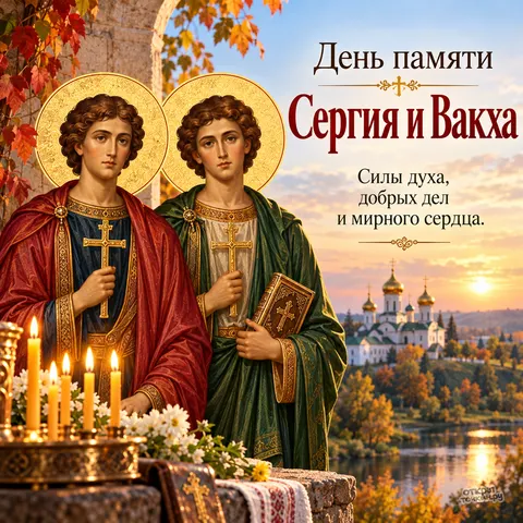 Открытка «День памяти Сергия и Вакха, святые с книгой и свечами у осеннего храма» — День памяти святых мучеников Сергия и Вакха