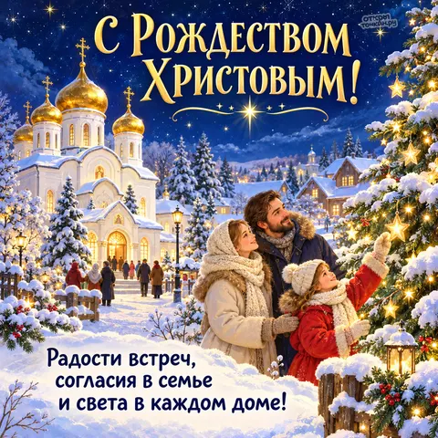 Открытка «С Рождеством Христовым, праздничная ёлка и люди у зимнего храма»