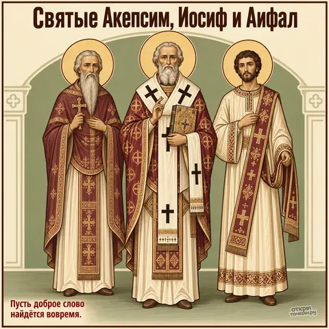 Открытка «День памяти священномучеников Акепсима Иосифа и Аифала, гравюра трёх священномучеников с Евангелием»