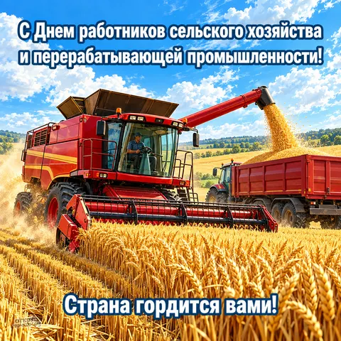 Открытка «День сельского хозяйства, красный комбайн и страна гордится вами» — День работника сельского хозяйства и перерабатывающей промышленности