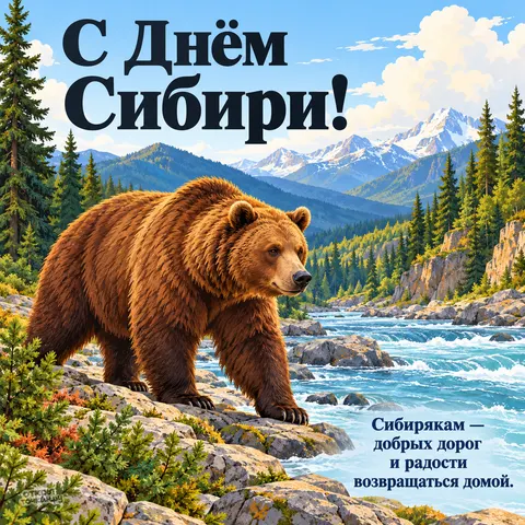 Открытка «День Сибири, медведь на камнях у горной реки»