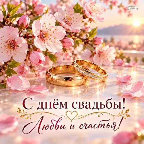 Открытка «С днём свадьбы, кольца под веткой сакуры на рассвете»