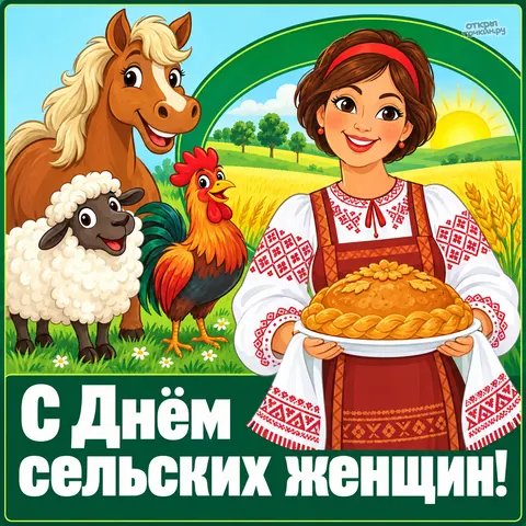 Открытка «День сельских женщин мультяшная хозяйка с караваем»