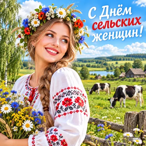 Открытка «С днём сельских женщин, девушка в вышивке»