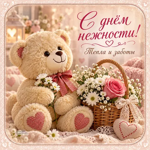 Открытка «День нежности, плюшевый медведь с ромашками, тёпла и заботы»