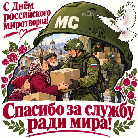 Открытка «День российского миротворца, миротворец передаёт коробку помощи семье у церкви»
