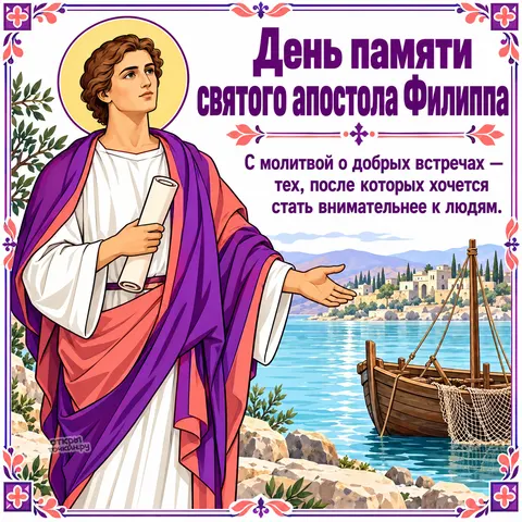 Открытка «День памяти апостола Филиппа, апостол Филипп у лодки на скалистом берегу»