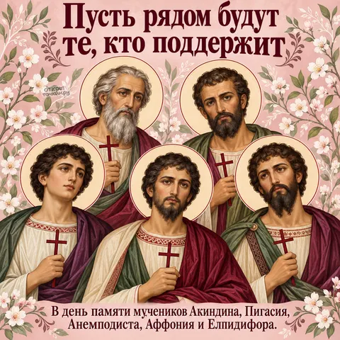 Открытка «День памяти пяти Персидских мучеников, пять мучеников на фоне цветущих веток» — День памяти мучеников Акиндина, Пигасия, Анемподиста и прочих