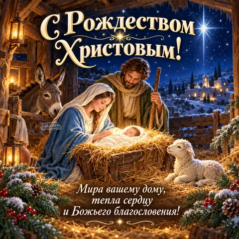 Открытка «С Рождеством Христовым, вертеп со Святой семьёй и овечкой»