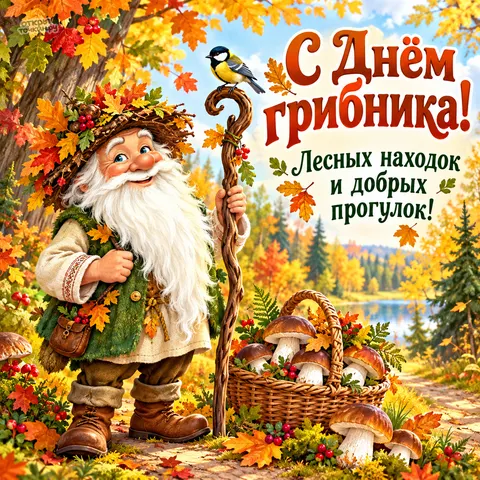 Открытка «С днём грибника поздравляет страж леса»