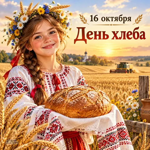 Открытка «Всемирный день хлеба, девочка с караваем на закате в пшеничном поле»