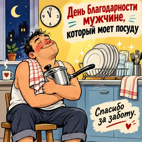 Открытка «День благодарности мужчине, который моет посуду, ночная кухня, обнимает кастрюлю»