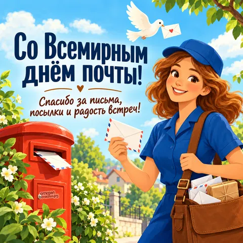 Открытка «Со Всемирным днём почты, улыбчивая почтальон и письма»