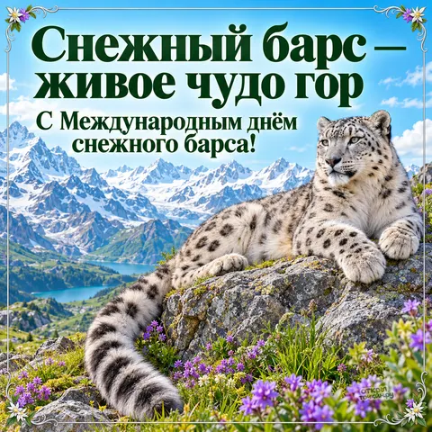 Открытка «День снежного барса, ирбис лежит на камнях с цветами, бирюзовое озеро и вершины»