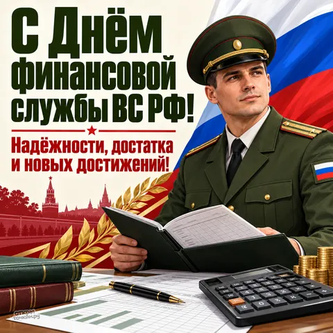 Открытка «День финслужбы ВС РФ, молодой офицер с ведомостью, калькулятор, монеты, Кремль и флаг России» — День финансово-экономической службы ВС РФ