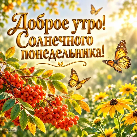Открытка «Доброе утро» — Солнечное утро среди рябины и бабочек