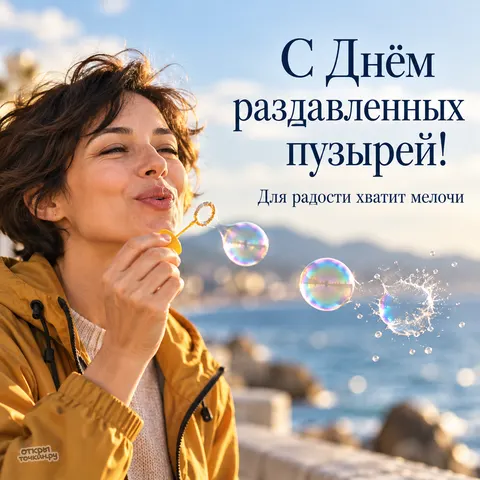 Открытка «День раздавленных пузырей, девушка пускает мыльные пузыри»