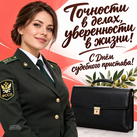 Открытка «День судебного пристава, приставша в форме ФССП, чёрный портфель и оливковая ветвь»