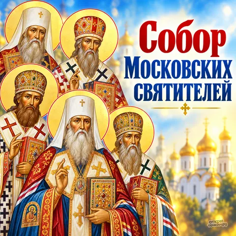 Открытка «Собор Московских святителей, икона святителей на фоне белого храма с золотыми куполами»